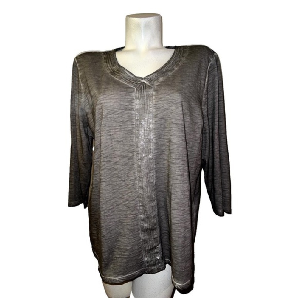 CHICO'S Top Size XL (3) Green Sequin V-neck 3/4 Sleeve Cotton Pullover Tee Shirt